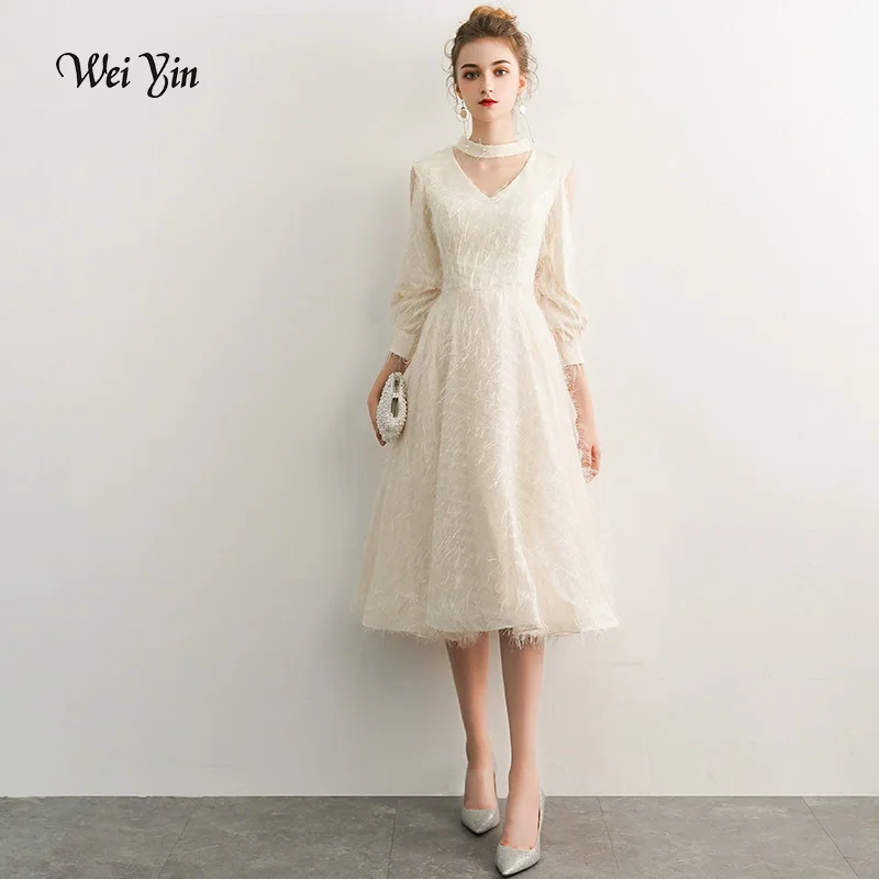 

weiyin Elegant White Evening Dress V-Neck A-Line Floor Length Lace Prom Dresses Robe De Soiree Party Dress With 3/4 Sleevles