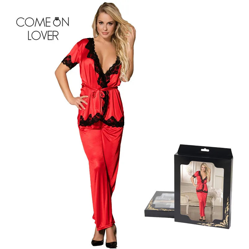 

Comeonlover Satin Sexy Pajama Set Short Sleeves Women Sleepwear Full Length V-Neck Tops+Pants+Belts Women Sexy Pajamas RT70224