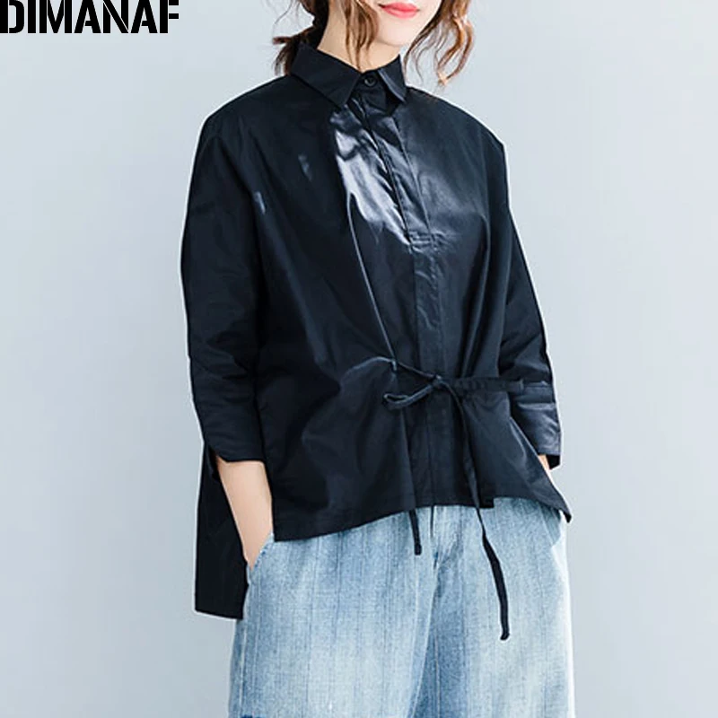 En Ligne DIMANAF Femmes Blouse Chemises Plus La Taille Office Lady Tops Femme Vêtements Coton Vintage Élégant Solide Noir Lâche Tunique 2018 Automne