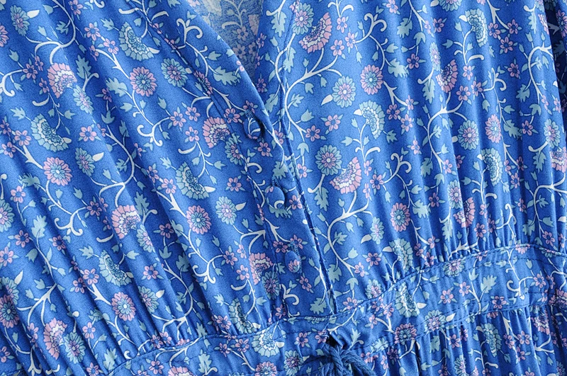 TEELYNN макси платья для женщин искусственный шелк синий цветочный принт сексуальный глубокий v-образный вырез boho летние платья свободные хиппи длинное платье Vestidos
