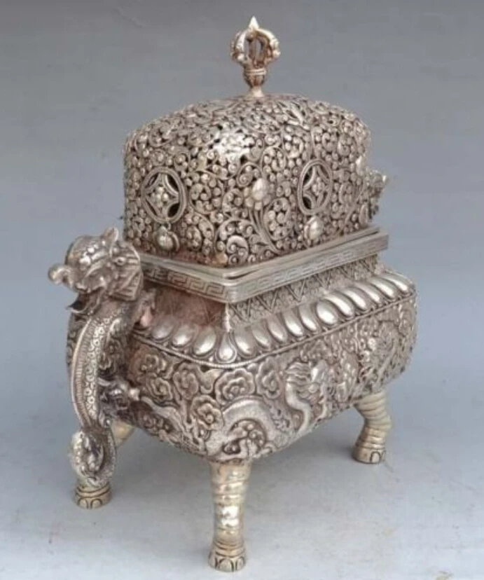 

Old Tibet Silver old Handmade Tibet Silver Six Dragon Incense Burner Censer Free Shipping