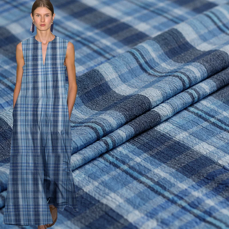 

Pearlsilk Blue Plaid Printed 100%Cotton Double-deck Crepe Flax Garment Materials Summer Dress DIY clothes fabrics Freeshipping