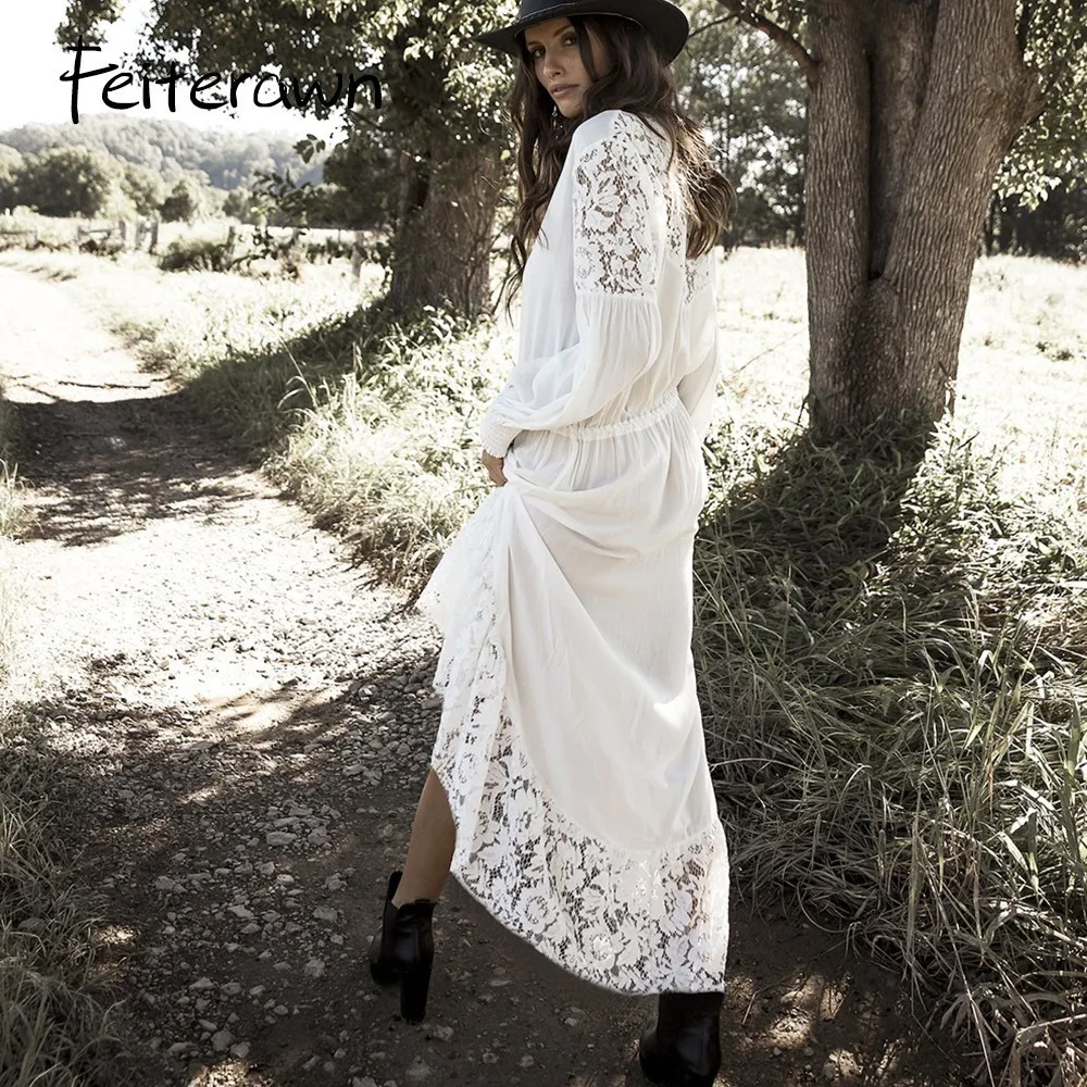 Feiterawn Rayon Lace Button Beach Blouse White Long Sleeve Holiday Dress Sunscreen Cardigan Hollow Sexy Maxi Dresses XF7118 | Женская
