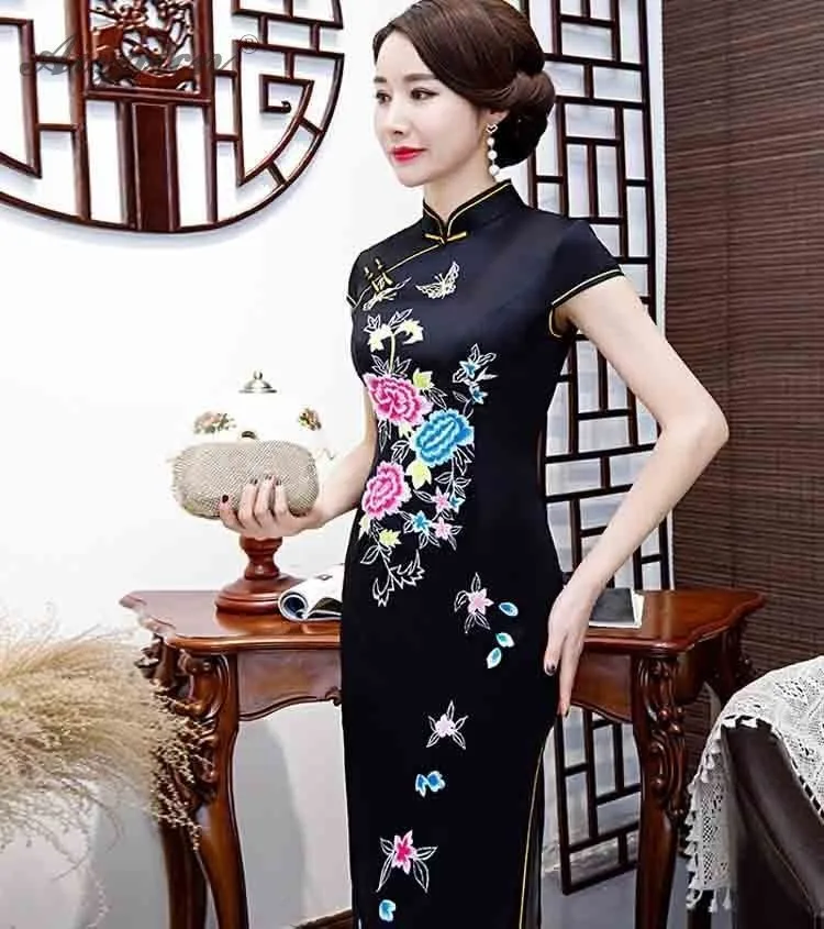 Чино традиционное vestido negro Cheongsam larga vestidos Chinoise madre Qi Pao bata Восточное винтажное vestido talla Plus Qipao