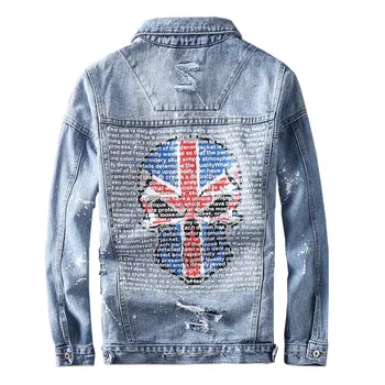 

MORUANCLE Men Hi Street Ripped Denim Trucker Jackets Fashion Streetwear Painted Distressed Jean Jacket Outerwear Skull Printed