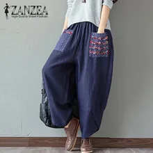 ZANZEA Autumn Retro Print Pockets Women Elastic Waist Loose Long Trousers Linen Harem Pants Cotton Casual Boho Splice Pantalon