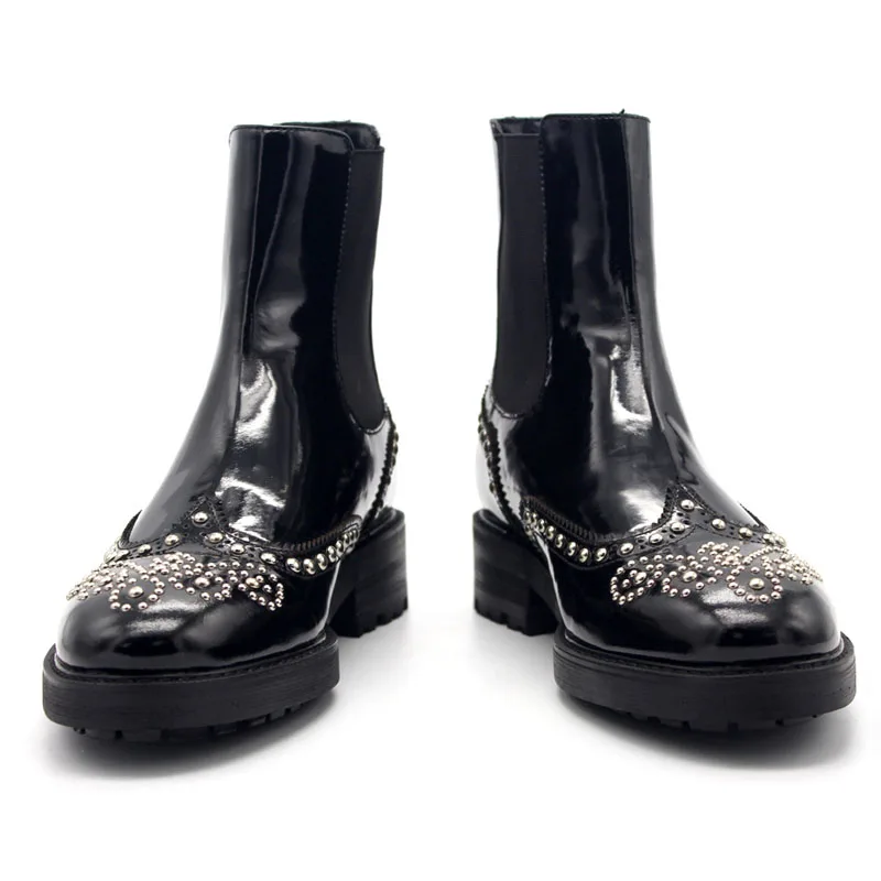 Chelsea Richelieu Luxe Biker Chaussures Hommes Cheville En Main Slip Hiver Rivet Bottes Réel De Perles Cuir Black Med Talons Vache Sur Punk SVpqUzM