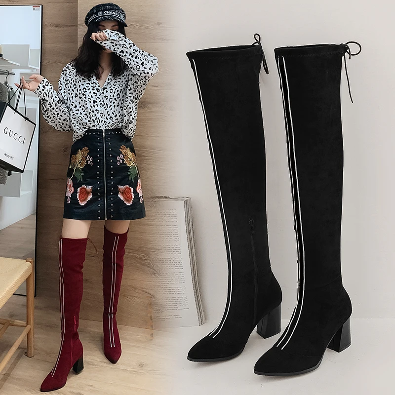 

2019 New Flock Leather Women Over The Knee Boots Zipper Sexy High Heels Autumn Woman Shoes Winter Women Boots Size 33-43