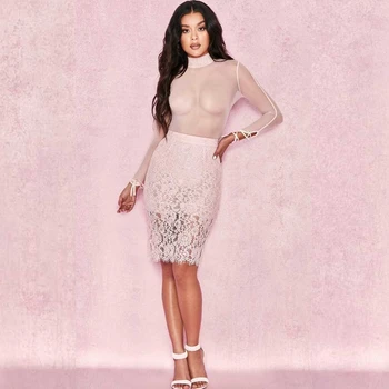

2019 Fashion Women Chic Long Sleeve Mesh Dress Pink Lace Summer Elegant Vestido Celebrity Hollow Out Club Festa