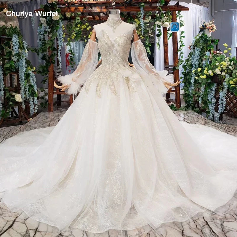 

HTL589 detachable sleeves wedding dress with neck chain v-neck sequined special wedding gowns with train vestido para casamento