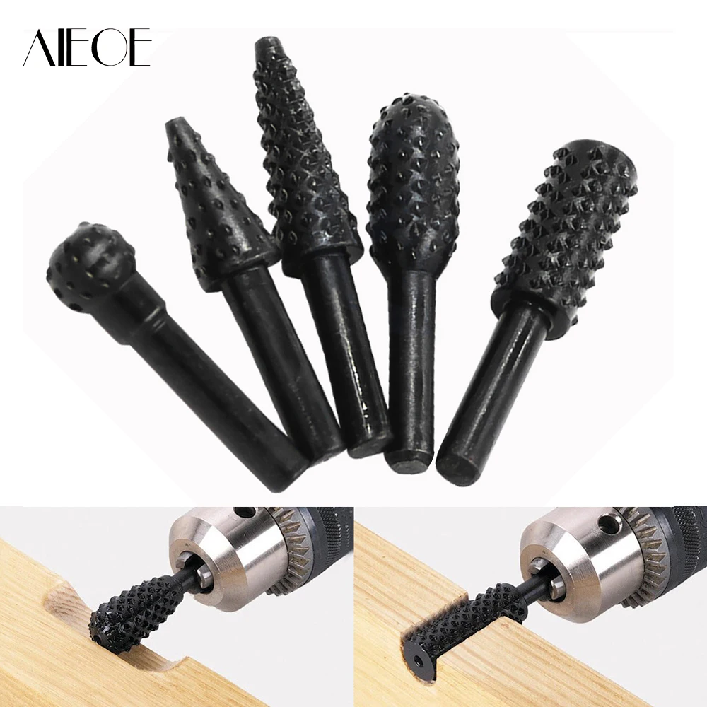 5PCS Black Carbon Steel Rotary Burr Set Woodwaorking 1/4'' 6mm Shank