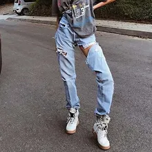 С высокой талией рваные джинсы женские прямые свободные длинные джинсовые штаны рваные джинсы мальчикового кроя для женщин Свободные Большие размеры
