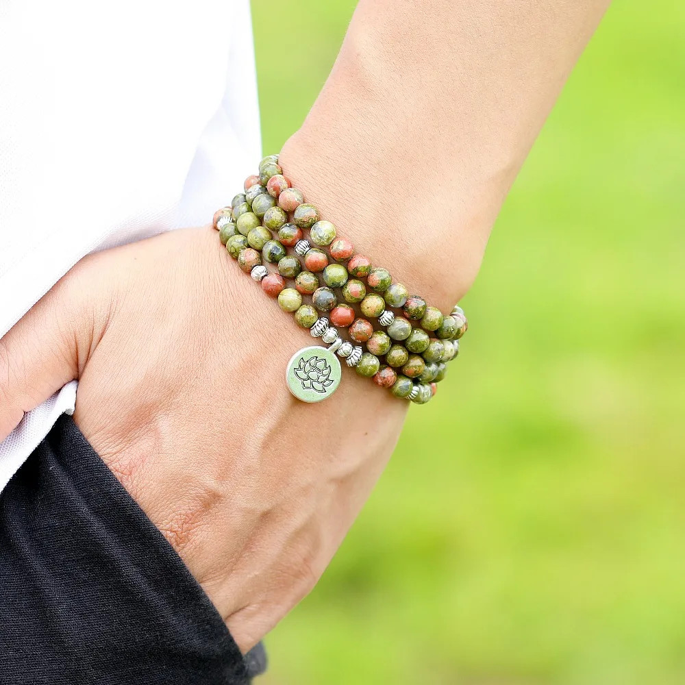 108 Mala Beads Bracelets Natural Stone Chinese Unakite OM Lotus Buddha Charm Bracelets Men Women Yoga Jewelry