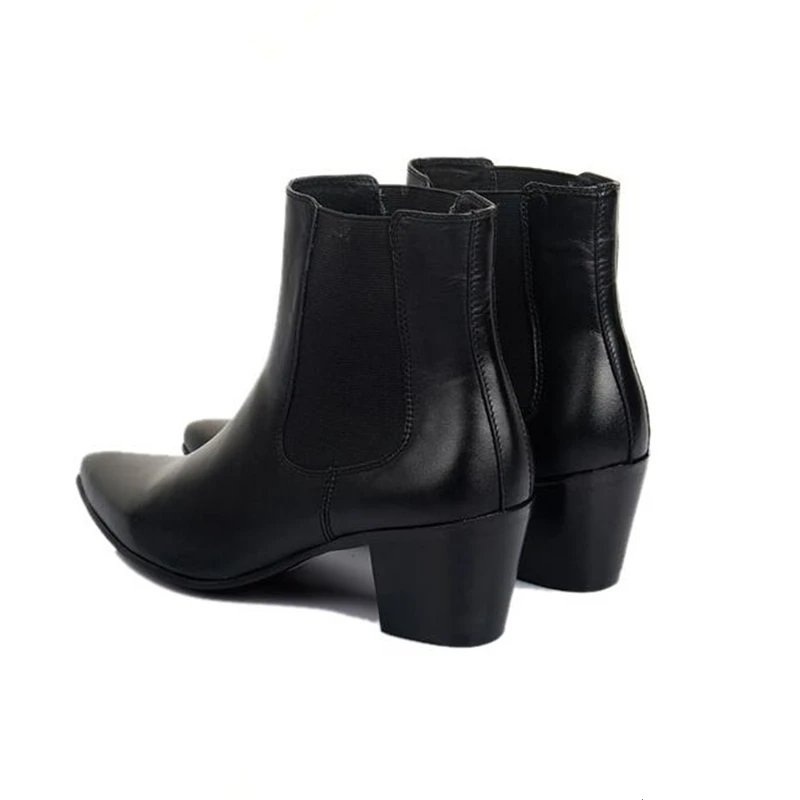 HOT !!! Genuine Leather Men's Pointed Toe Heels Trendy Man Slip-on Riding Boots Winter Heighten Shoes