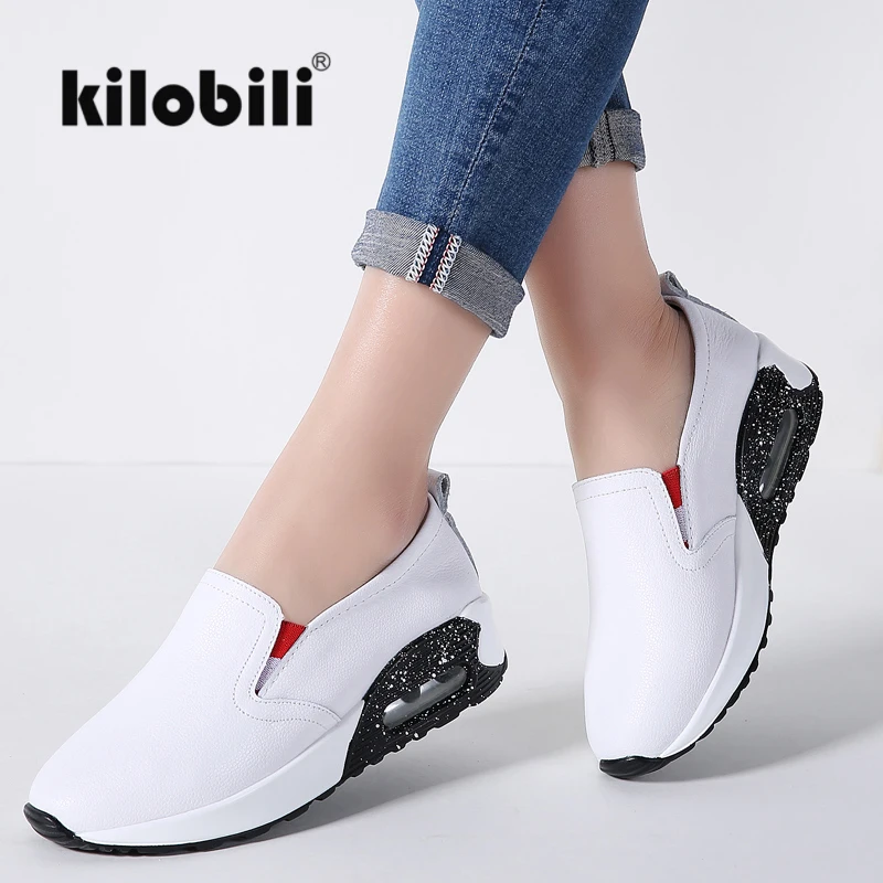 

kilobili 2018 Spring Clunky Sneaker Shoes Women Flats Leather Slip on Pointed Retro Platform Dad Sneaker Shoes Ladies creepers