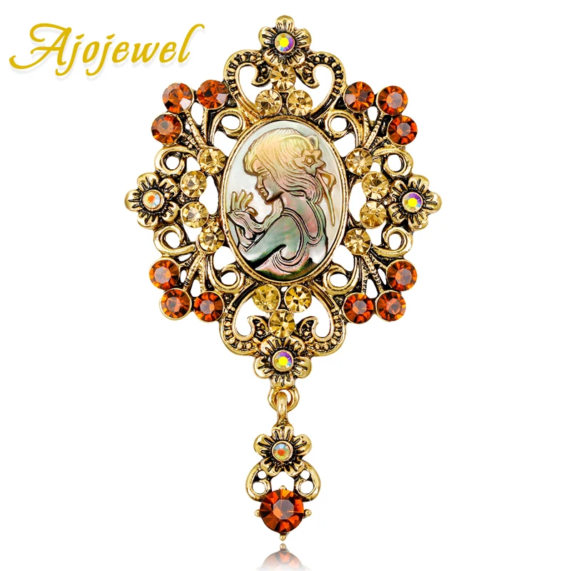 

Ajojewel Flower Vintage Brooch Natural Shell Maiden Cameo Elegant Antique Jewelry Rhinestone Broches Chics Gifts For Women