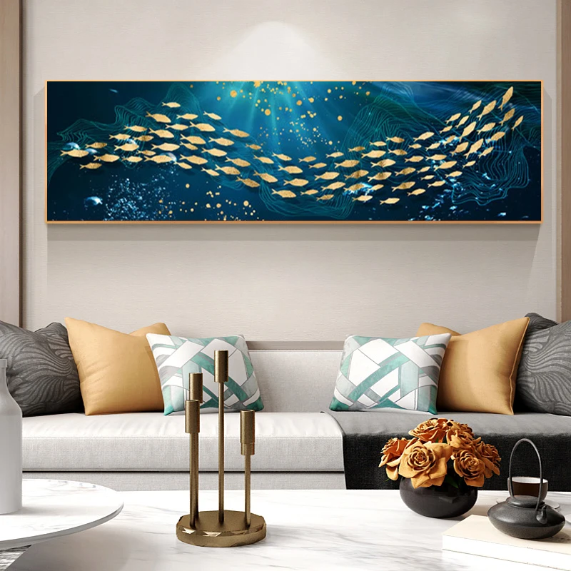 Абстрактный современный декор, Золотая Рыба и луна, Картина на холсте, плакат и печать, настенные художественные картины для гостиной, спальни, живопись