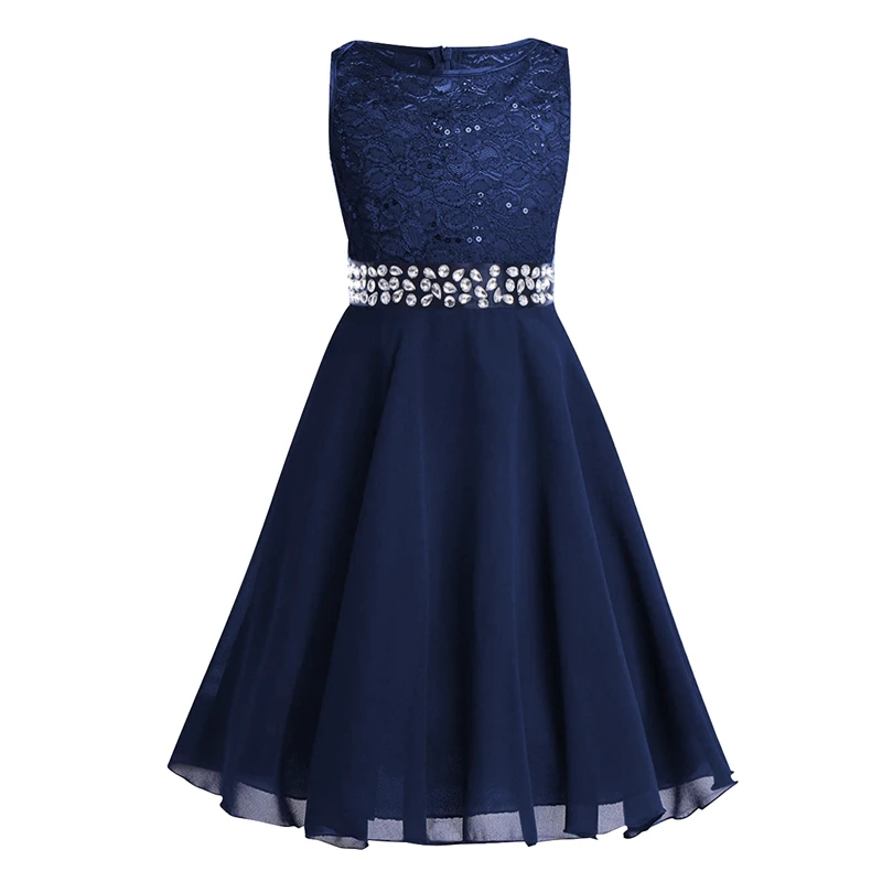 

Vintage Wedding Bridesmaid Dresses for Kids High Waist Sequins Lace Chiffon Dress & Rhinestone Waistbelt Girls Princess Dress