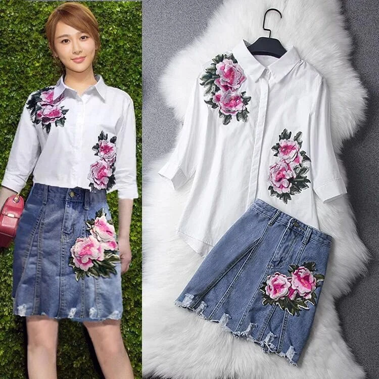 white shirt and blue skirt