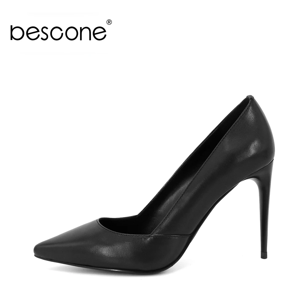 BESCONE High Quality Lady Pumps Black Genuine Leather Super High Thin Heels Party Pumps Sexy Pointed Toe Slip-on Woman Shoes A50 BESCONE High Quality Lady Pumps Black Genuine Leather Super High Thin Heels Party Pumps Sexy Pointed Toe Slip-on Woman Shoes A50
