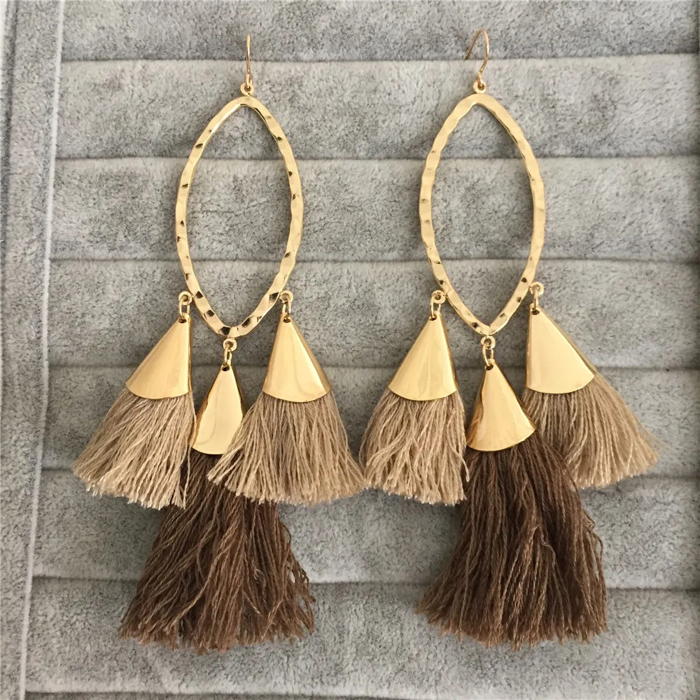 

Trendy girly Hammered gold oval with three tassel teardrop fishhook earring