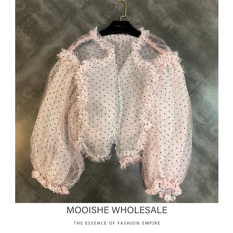 

Round Neck Bubble Long-sleeved Polka Dot Blouse Pattern Organza Sunscreen 2019 Spring And Summer New Coat