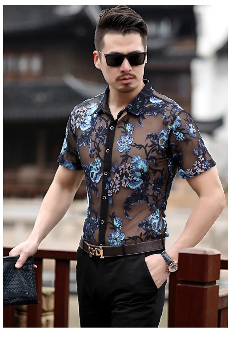 Новая Сексуальная кружевная рубашка для мужчин с вышивкой, прозрачная рубашка для мужчин, прозрачная сетчатая рубашка для клубной вечеринки, выпускного вечера, Chemise Homme 4xl