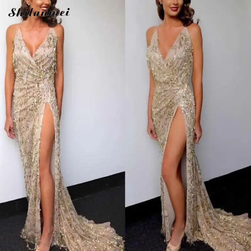 

Fashion Front Slit Sequin Dress Women V Neck Backless Wedding Party Dresses Sexy Bodycon High Waist Lace One Piece Dress Vestido
