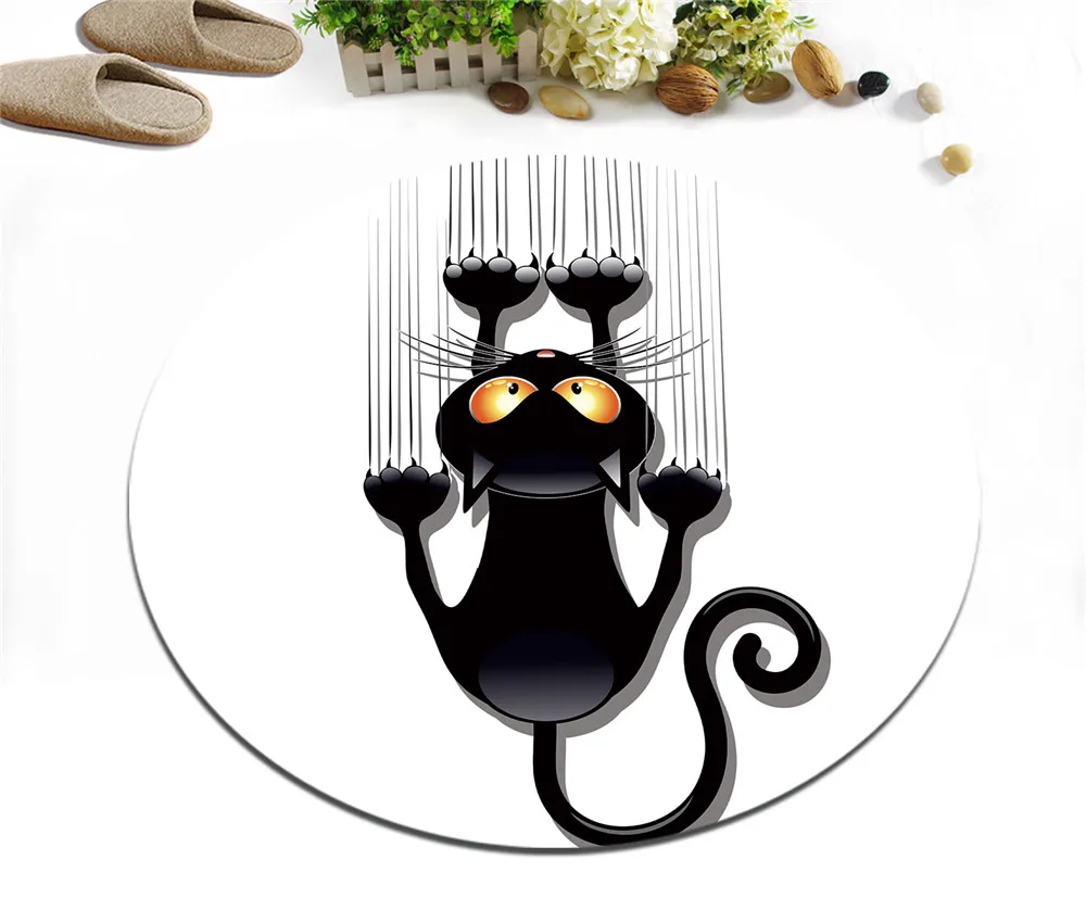 

Home Black Cat And Scratch Round Children's Room Floor Area Rug Kitchen Velboa Cushion Bathroom Carpets Non-Slip Study Door Mat