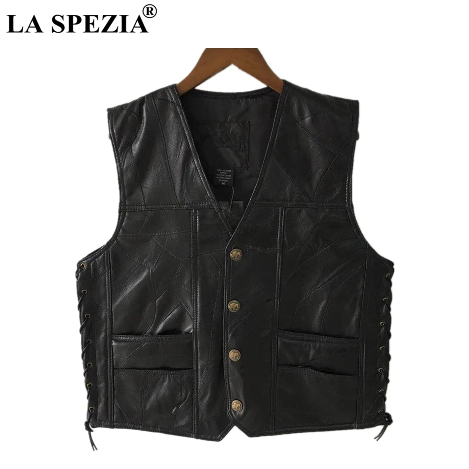 

LA SPEZIA Motorcycle Vest Leather Men Black Waistcoat Male Biker Punk Genuine Leather Button Lace Up Autumn Sleeveless Jacket