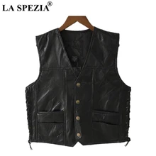 LA SPEZIA Motorcycle Vest Leather Men Black Waistcoat Male Biker Punk Genuine Leather Button Lace Up Autumn Sleeveless Jacket LA SPEZIA Motorcycle Vest Leather Men Black Waistcoat Male Biker Punk Genuine Leather Button Lace Up Autumn Sleeveless Jacket