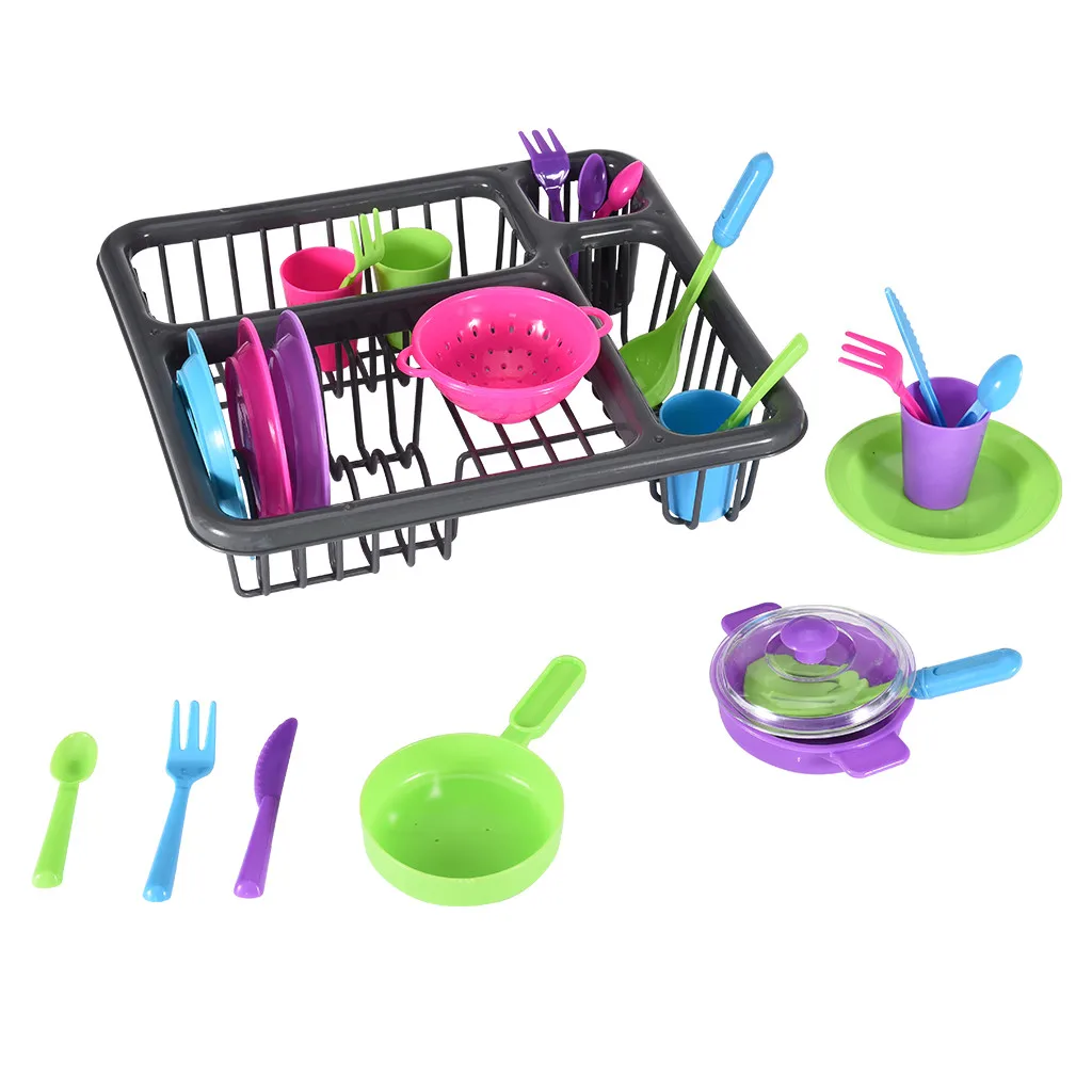 ألعاب أطفال لفتاة البلاستيك المطبخ مجموعة ألعاب مسرحية أطباق المطبخ Playset غسل و الجافة أدوات المائدة طبق رف لعبة L0613
