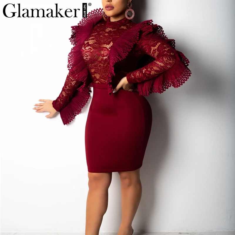 Glamaker Black mesh ruffle transparent lace bodysuit Women sexy long sleeve bodysuit Female winter embroidery hollow jumpsuit Glamaker Black mesh ruffle transparent lace bodysuit Women sexy long sleeve bodysuit Female winter embroidery hollow jumpsuit