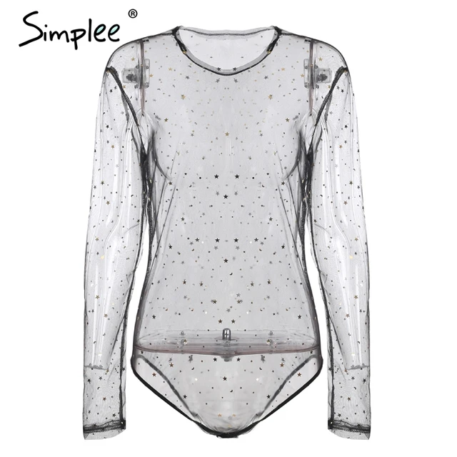 Simplee Sexy mesh star black bodysuit women Hollow out long sleeve