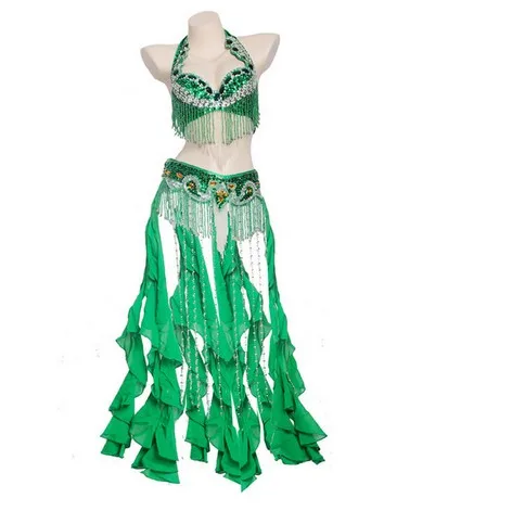 Женская одежда для занятий Танцем Живота Восточный стиль бисером топ и пояс 2 шт набор костюмов набор костюма для танца живота - Цвет: Green