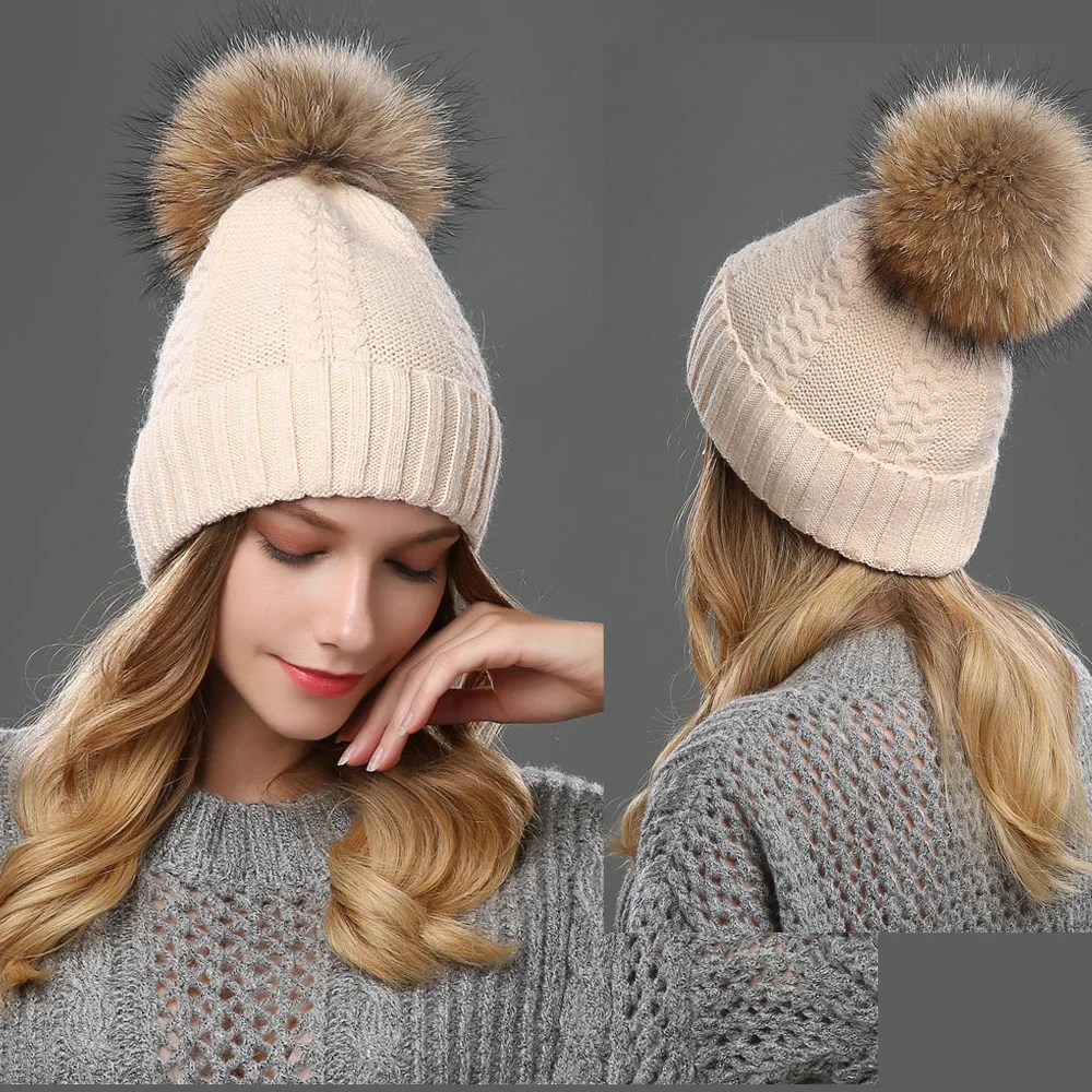 Beanie Women Winter Hat Warm Wool Knit Cap Raccoon Pom Pom Headwear Soft Autumn Casual Outdoor Ski Skullies Snow Accessory (10)
