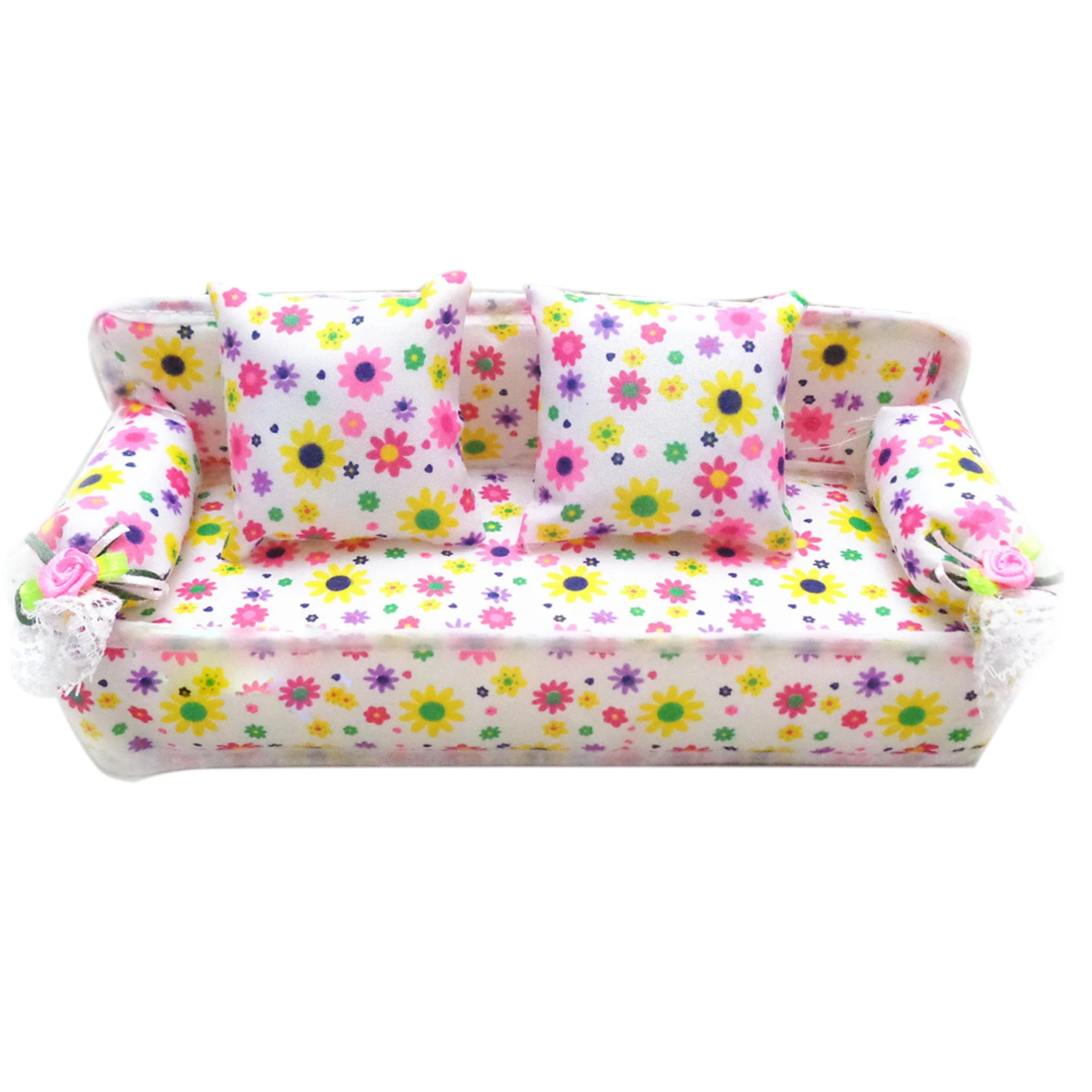 Mini Furniture Flower Fabric Sofa Couch 2 Cushions for Doll House Accessories