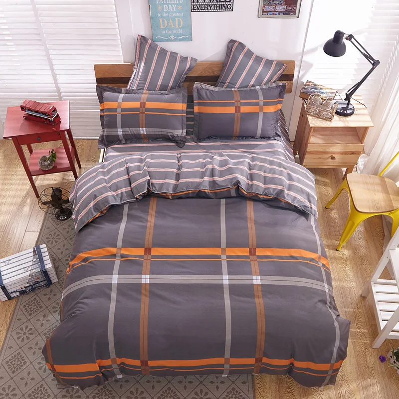 4 PCS Bedding sets Twin Full Queen King size Quilt Cover Bedlinen Bed Spread Flat Sheet  Letter Stripes Solid Color Students Use