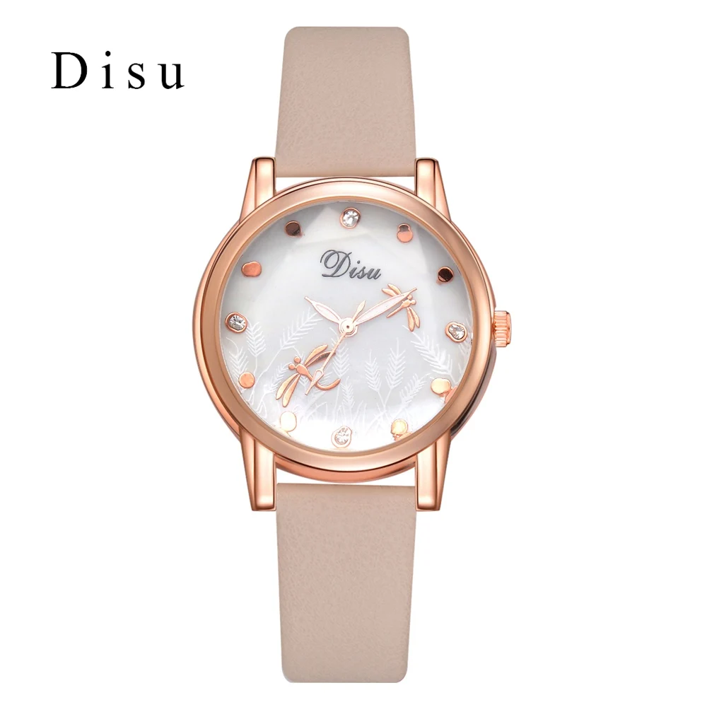 

Disu Brand Leather Watches For Women Dragonfly Flying Dial Desgin Creative Dress Quartz Wrist Watch Ladies 2019 New relogio