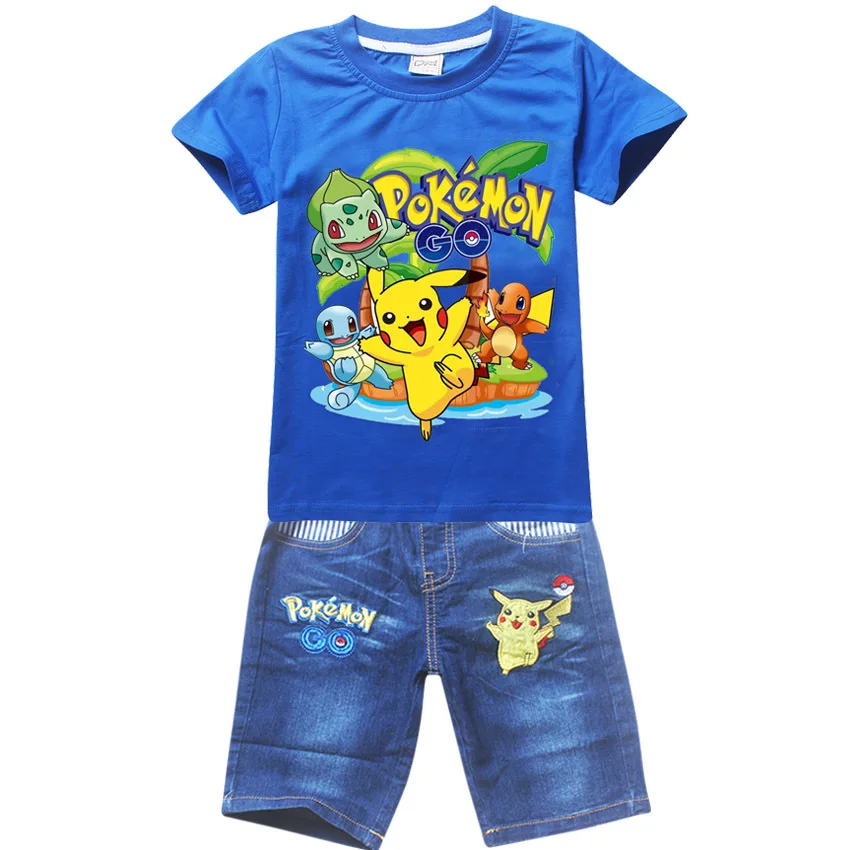 Летние комплекты хлопковой одежды для мальчиков футболка с короткими рукавами и принтом «Pokemon Go»+ джинсы, комплект для мальчиков, спортивный костюм с рисунком «Pikaqiu» и носками для малышей