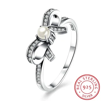

Genuine DIY 925 sterling silver bow with pearl silver Black Clear CZ Stackable Finger Ring for Women Fine Silver Jewelry Gift