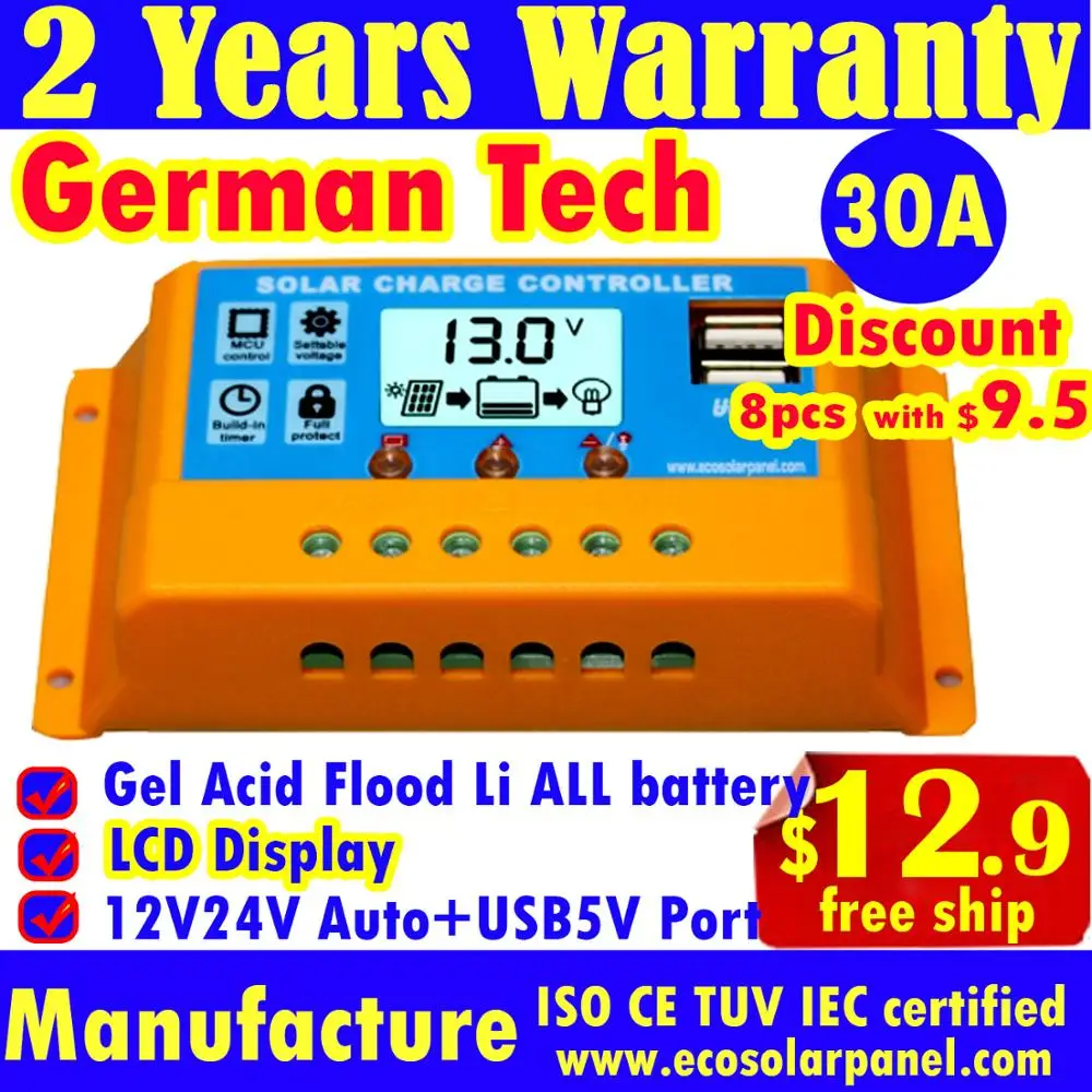 

10 pcs 30a 12V 24V Auto Solar Charge Controller PWM Controllers LCD Dual USB 5V Output Solar Panel PV Regulator