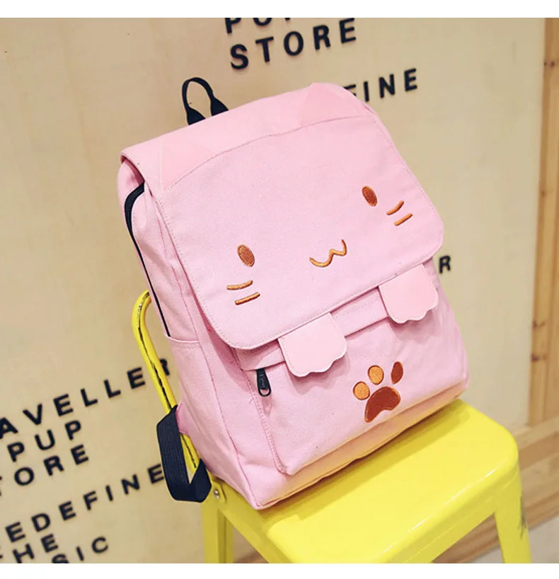 Милый холщовый рюкзак с вышивкой кота из мультфильма, школьная сумка для девочек-подростков, рюкзаки, повседневные большие сумки с ушками, розовые Mochila XA909H