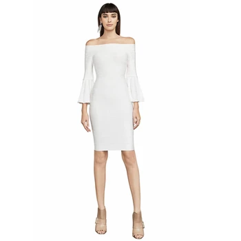 

2018 Elegant Long Sleeve Off The Shoulder White Balck Bandage Dress Sexy Solid Flare Celebrity Evening Party Vestidos Festa