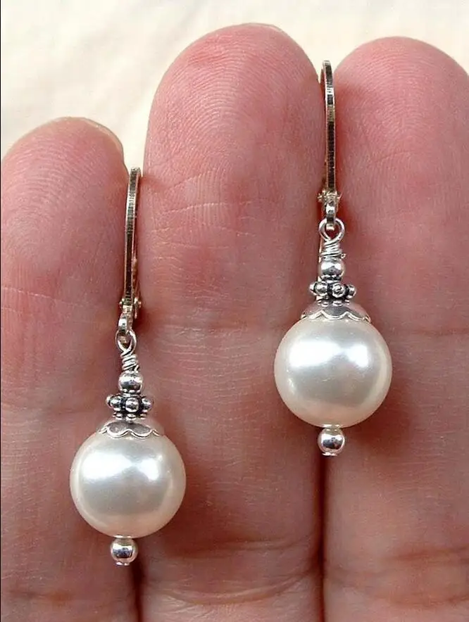 Hot sale new Style &gt&gt&gt&gtSTERLING SILVER BALI WHITE SOUTH SEA SHELL PEARL LEAVERBACK DANGLE EARRINGS -Top quality free shipping |