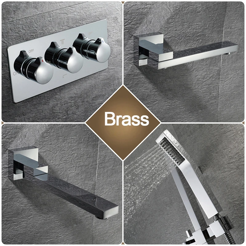 Remote Control LED Light 400*400mm Rainfall Shower Head Embedded Ceiling Mounted Brass Shower Faucets Set Chrome Bathroom Shower