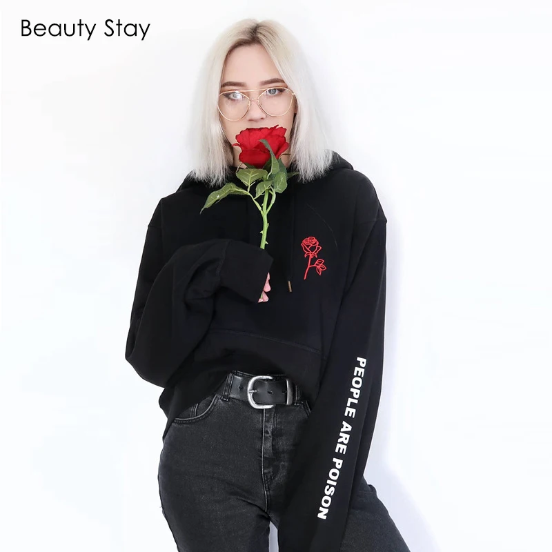 

Beauty Stay Women Outdoor Hoodies Embroidery Rose Printing Long Sleeve Casual Slim Girl Black Outwear Pullovers