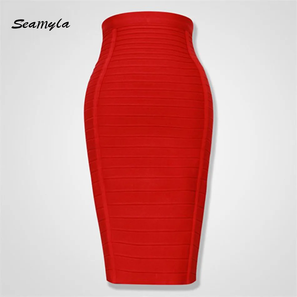 Seamyla 2019 Юбки-карандаши Для женщин цвета — красный, синий, черный оранжевый комбинация юбка-Бандаж сексуальная длина до колена в полоску