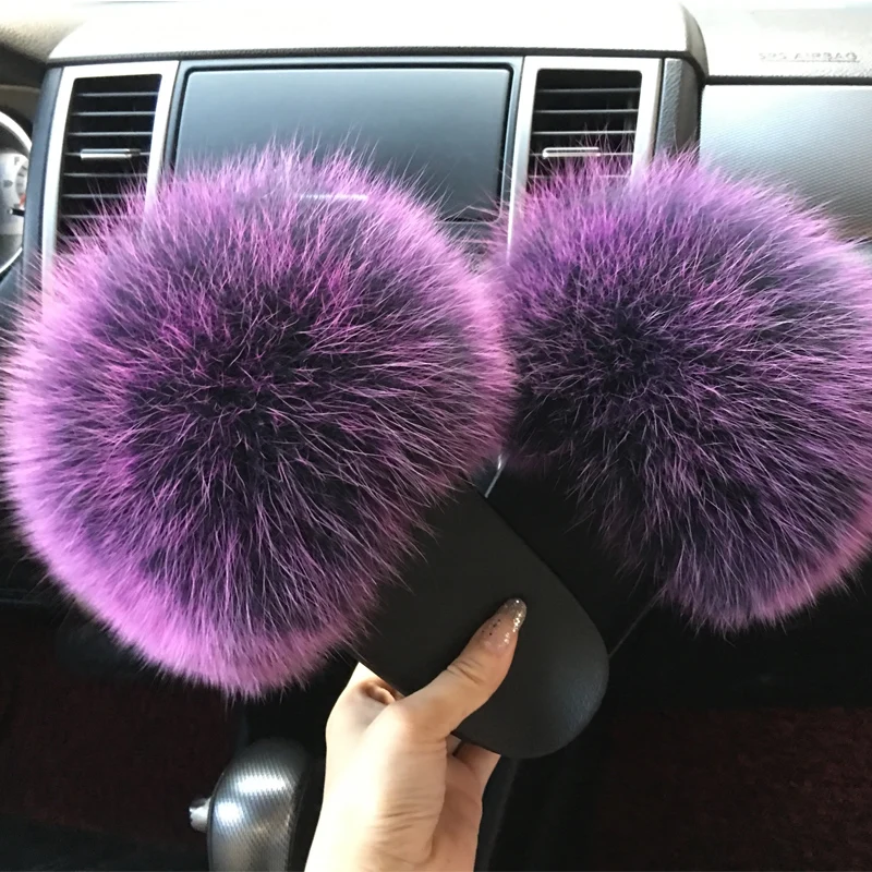 purple fluffy slippers