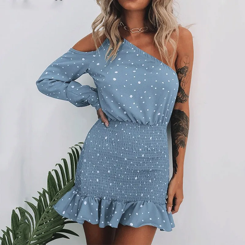 

Women's Polka Dot Mini Ruffles Dress One Shoulder Long Sleeve Elastic Bodycon Dresses Female Summer 2019 Fashion Clothes Ladies